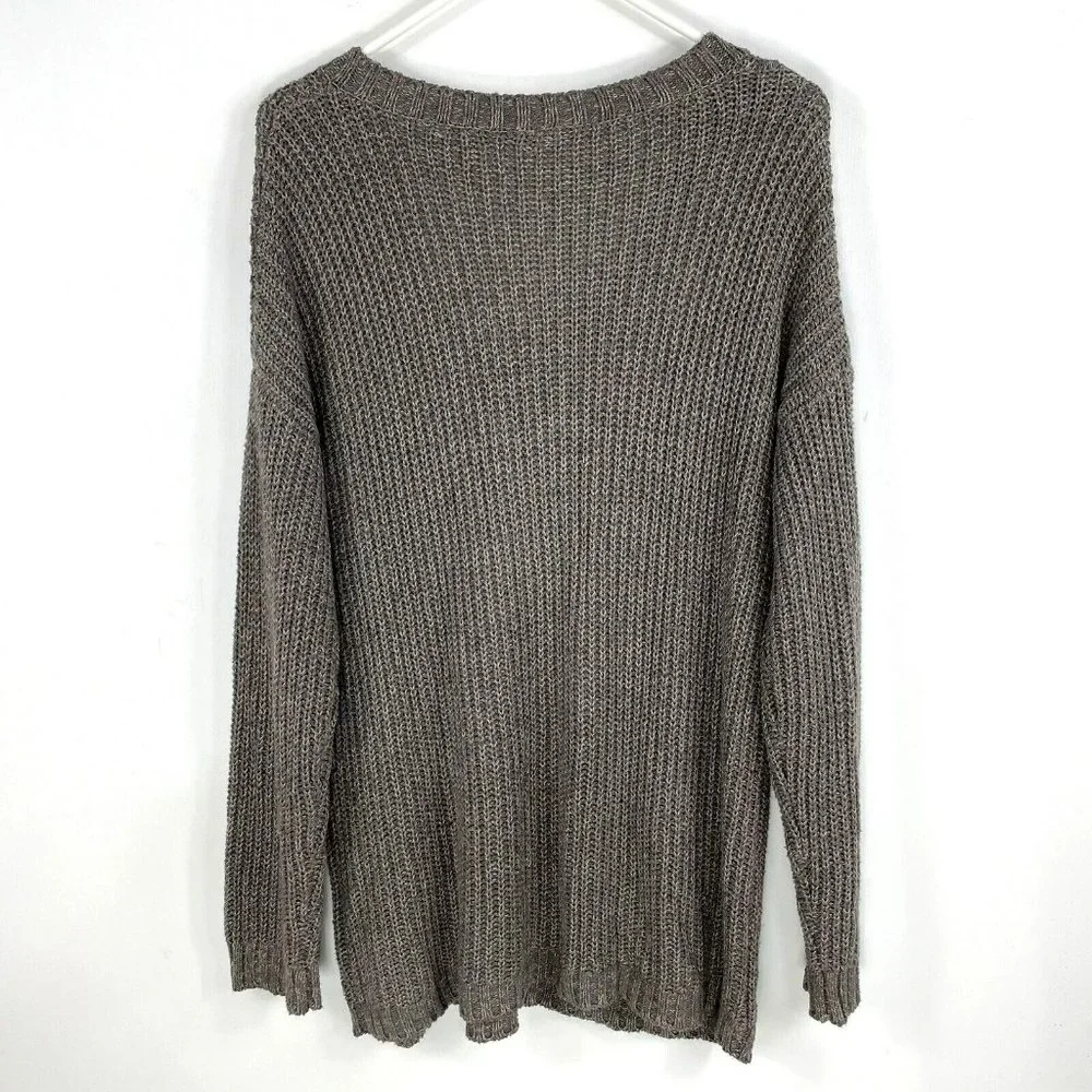 SOFT SURROUNDINGS Sweater Size Large Brown V-Neck Open Knit Oversized Boyfriend